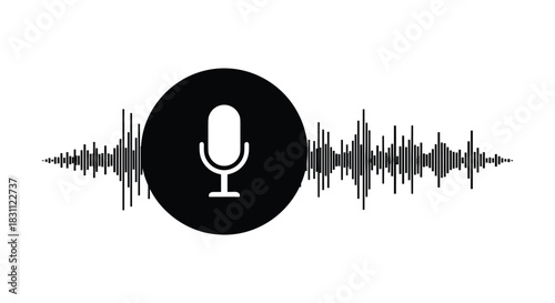Black and white recording of voice with sound waves on white background flat design