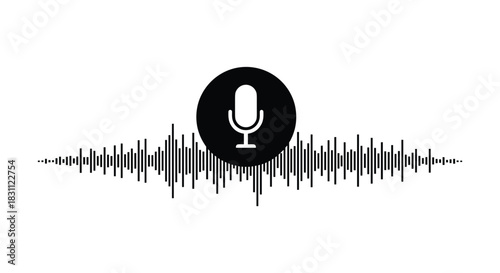 Black and white recording audio voice with sound waves on white background flat design