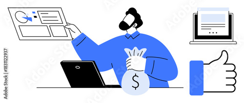 Financial data management. A person analyzing financial charts and holding a money bag s financial data management for investments and planning. For fintech, budgeting, finance apps, analytics