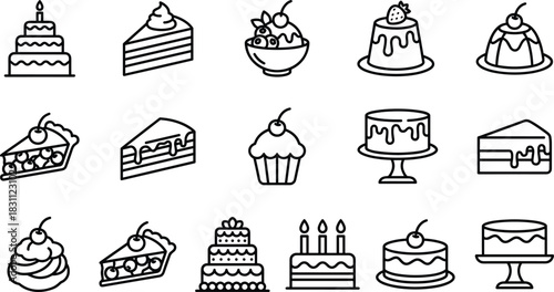 Black and White Outline Set of Sweet Dessert and Cake Icons: Delicious Collection of Bakery, Pastry, Pie, and Cupcake Graphics for Web Design