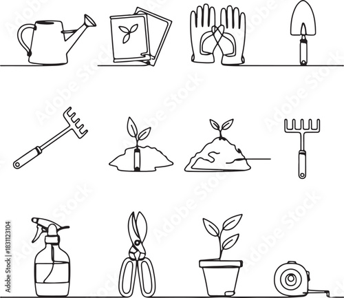 Line Art Gardening Tools Vector Icon Set. Watering Can, Trowel, Gloves, Seed Packets. Cohesive Black Outline