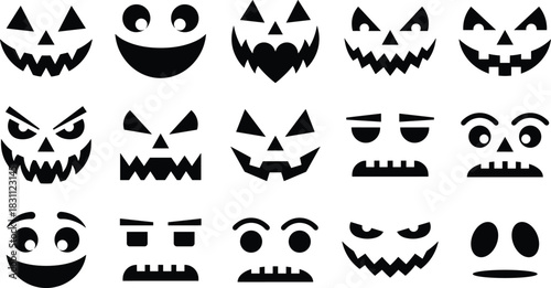 Black Silhouette Vector Set of Spooky Halloween Pumpkin Faces: Scary, Funny, Evil, and Cute Jack-o'-Lantern Carving Graphic Icons