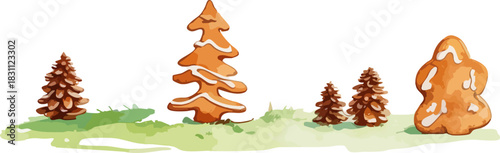 A festive row of gingerbread-style trees and cookies arranged on soft green ground, combining iced cookie shapes with small pine trees for a whimsical holiday scene.