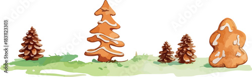 A festive row of gingerbread-style trees and cookies arranged on soft green ground, combining iced cookie shapes with small pine trees for a whimsical holiday scene.