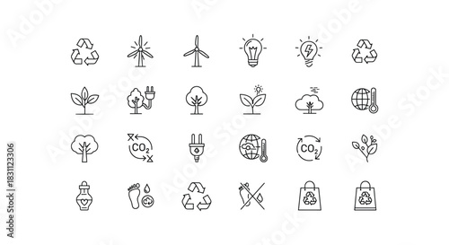 Collection of eco icons with ecology concept energy and environment sustainable outline style on white background
