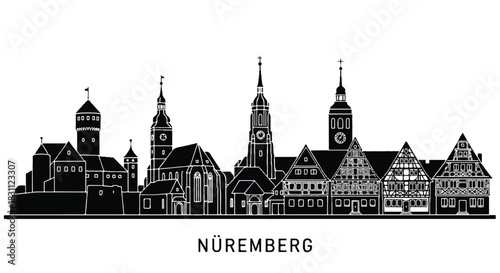 Nuremberg Skyline Silhouette Black and White Cityscape.