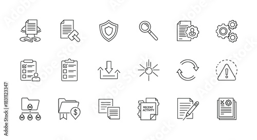 Document flow linear icon paper person in lotus position business processes performance automation symbol