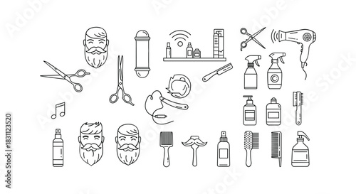 Collection of simple line art barber shop equipment and tools icons exactly 100 characters