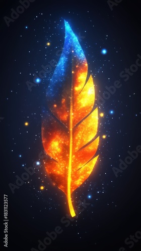 Glowing feather with blue-orange fire effect in a dark space, for spiritual themes