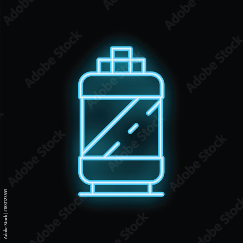 Blue neon sign icon of a water cooler being used in an office for refreshment