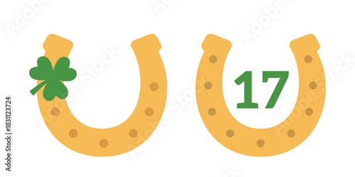 Set of St. Patrick's Horseshoe flat vector illustration.
Saint Patrick's Day  horseshoe with green shamrock clipart.
Good for greeting card,poster, banner, leaflet .
White background.