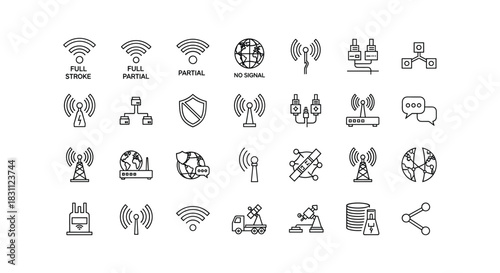 Set of internet network wireless connectivity icons simple graphic element style line art 100