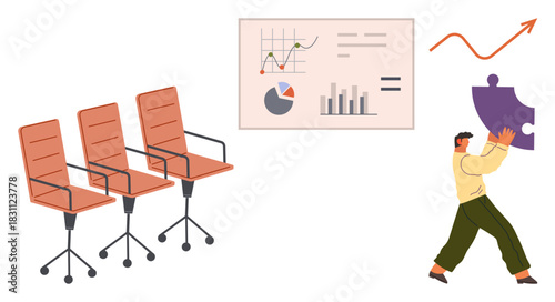 Three office chairs, analytical chart with graphs and bars, man carrying a puzzle piece, upward arrow. Ideal for teamwork, strategy, brainstorming, growth, collaboration organization leadership