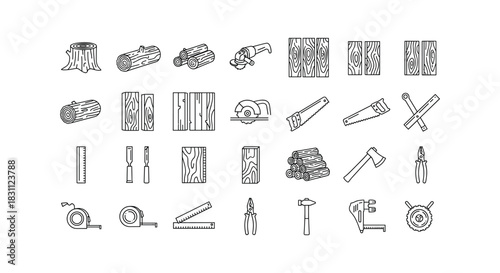 Collection of linear icons illustrating woodworking and construction for carpenters exactly 100