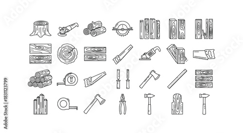 Wood and carpentry line icons set of equipment tools and materials vector illustration