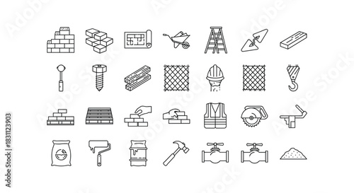 Construction and building line icons set of equipment tools and materials vector illustration