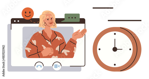 Woman talking in video call interface with dialogue bubble and happy face. Clock symbolizes time management. Ideal for online collaboration, communication, time planning, teamwork, virtual learning