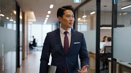 Accomplished businessman in suit walking down office corridor, businessman confidently strides. Businessman shares thoughts and engages in discussion,