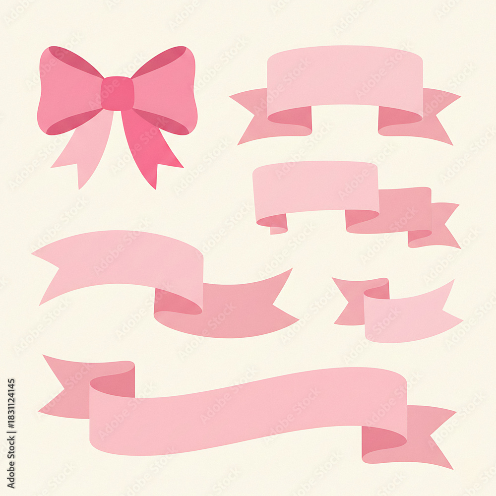 Obraz premium Set of soft pastel pink ribbons and bows in various shapes and folds. Feminine banner design elements for baby showers, greeting cards, romantic themes, or packaging.