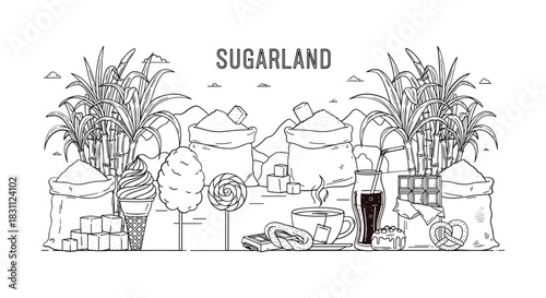 Sugarland line art illustration featuring sugarcane, sweets, and treats in outline design
