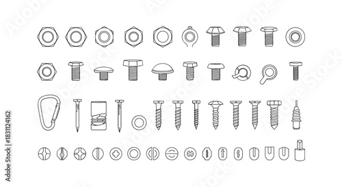 Hardware nuts and bolts fasteners line art drawing illustration of assorted construction parts