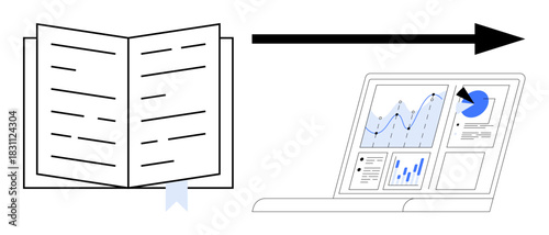 Open book transitioning to laptop screen with data charts, graphs, and analytics. Ideal for technology, digital transformation, education, research, innovation data analysis growth. Simple flat