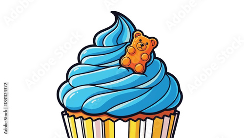 Delicious Cupcake with Blue Frosting and Gummy Bear Topping.