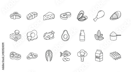 Set of diet and nutrition food icons such as sushi cheese steak mussels chicken drumstick and salmon