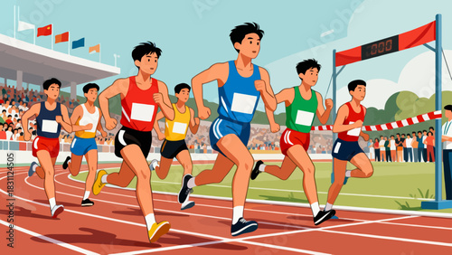 This dynamic illustration shows sprinters racing toward the finish line on a track, with cheering spectators filling the stadium, capturing the excitement and intensity of an athletics competition.