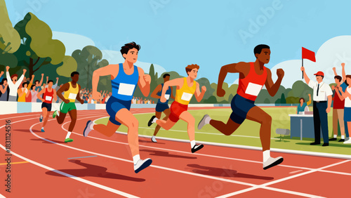 This dynamic illustration shows sprinters racing toward the finish line on a track, with cheering spectators filling the stadium, capturing the excitement and intensity of an athletics competition.