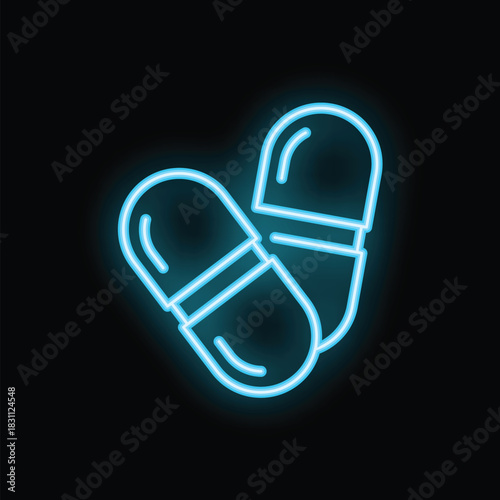 Neon blue medicine pill icon glowing against a black background