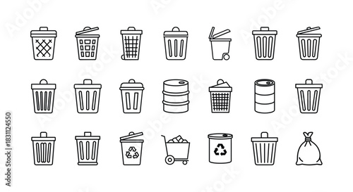 Set of different trash cans and baskets line vector illustrations isolated on white background