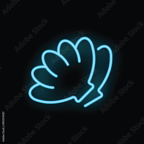 Bright blue neon sign in the shape of a seashell glowing on a black background