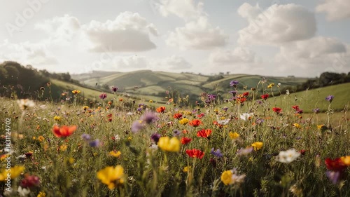 Vibrant Wildflower Meadow in Rolling Hills - A Summer Landscape.