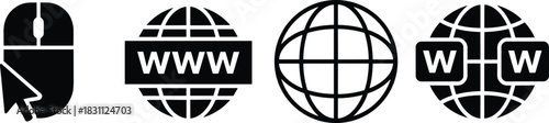 Internet icons, web symbols, digital tools, online communication, global connectivity, www graphics, cursor interaction, flat vector illustration