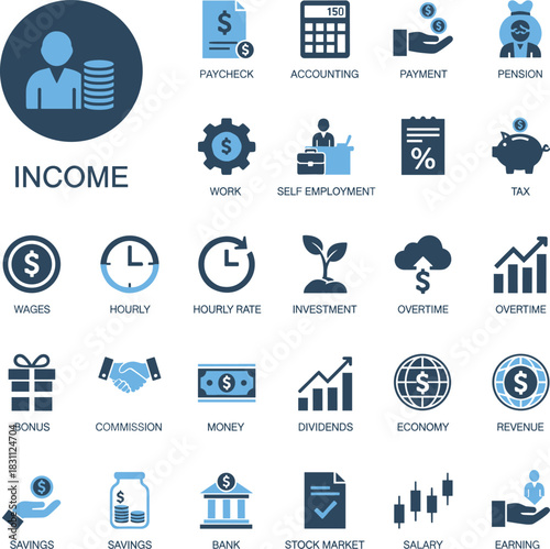 Income icons, paycheck, salary, tax, savings, investment, earnings, pension, commission, finance, money, economy - flat vector illustration