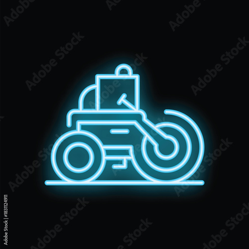 Blue neon icon of a steamroller working on a road construction site