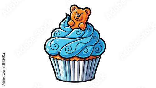 Cute cartoon cupcake with blue frosting and a teddy bear topper.