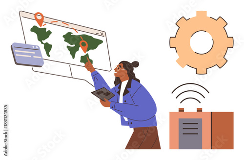 Woman viewing digital map with location pins and using a tablet, accompanied by a gear and wireless device. Ideal for navigation, logistics, technology, automation, data analysis, connectivity
