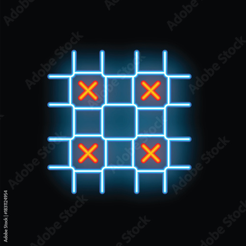Blue neon grid glowing on a black background, with four red crosses marking specific points