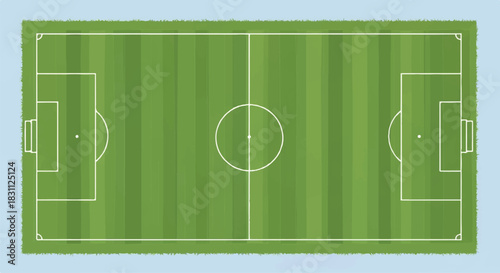 Soccer field top view with green grass and white lines.