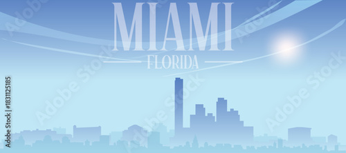 Blue panoramic poster of the city skyline with misty background buildings and clouds of MIAMI, FLORIDA