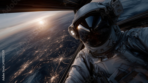 Fototapeta Naklejka Na Ścianę i Meble -  A hyper-realistic scene of an astronaut performing a spacewalk outside a massive space station structure. The astronaut is positioned on the right side of the frame, wearing a full