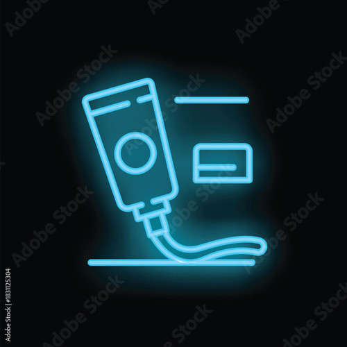 Blue neon sign of a pos terminal accepting a contactless payment from a smartphone