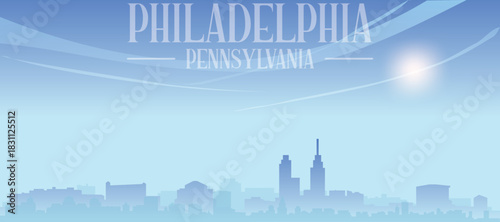 Blue panoramic poster of the city skyline with misty background buildings and clouds of PHILADELPHIA, PENNSYLVANIA
