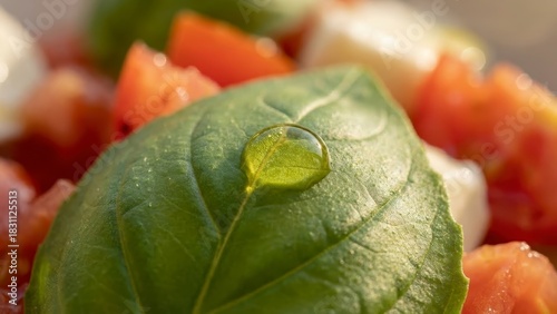 A close-up of fresh basil leaves glistening with a droplet of water, surrounded by vibrant diced tomatoes and mozzarella, creating a colorful, appetizing display.