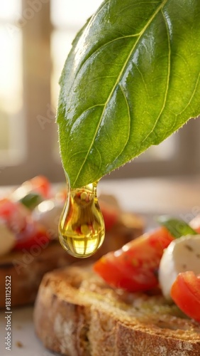 A close-up of a leaf dripping with oil, highlighting a slice of bread topped with tomatoes and cheese in a cozy, warm setting.