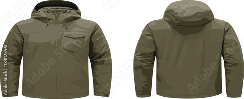 Olive Green Hooded Winter Jacket Vector Illustration, Front and Back View, Outdoor Technical Waterproof Coat Apparel Template, Warm Clothing