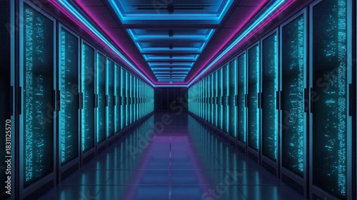 Server room aisle with rows of glass-fronted cabinets glowing with cyan and pink neon lights data center