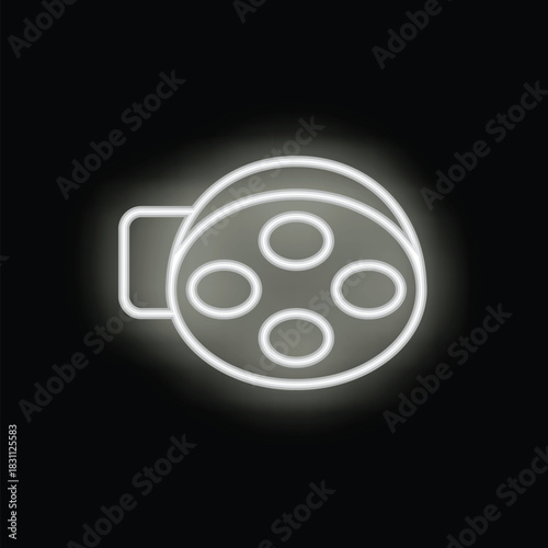 White neon icon of a film reel glowing on black background, simple cinematography concept